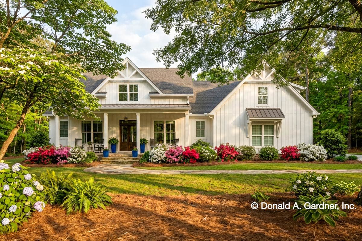 Plan 444224GDN: Modest Three Bedroom Modern Farmhouse Plan with Bonus Above Garage - Image #1 - Country, Farmhouse, Modern Farmhouse, New American