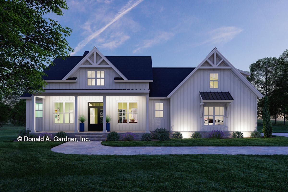 Modern Farmhouse house plan exterior with a gabled roof, covered front porch, and multiple gables.