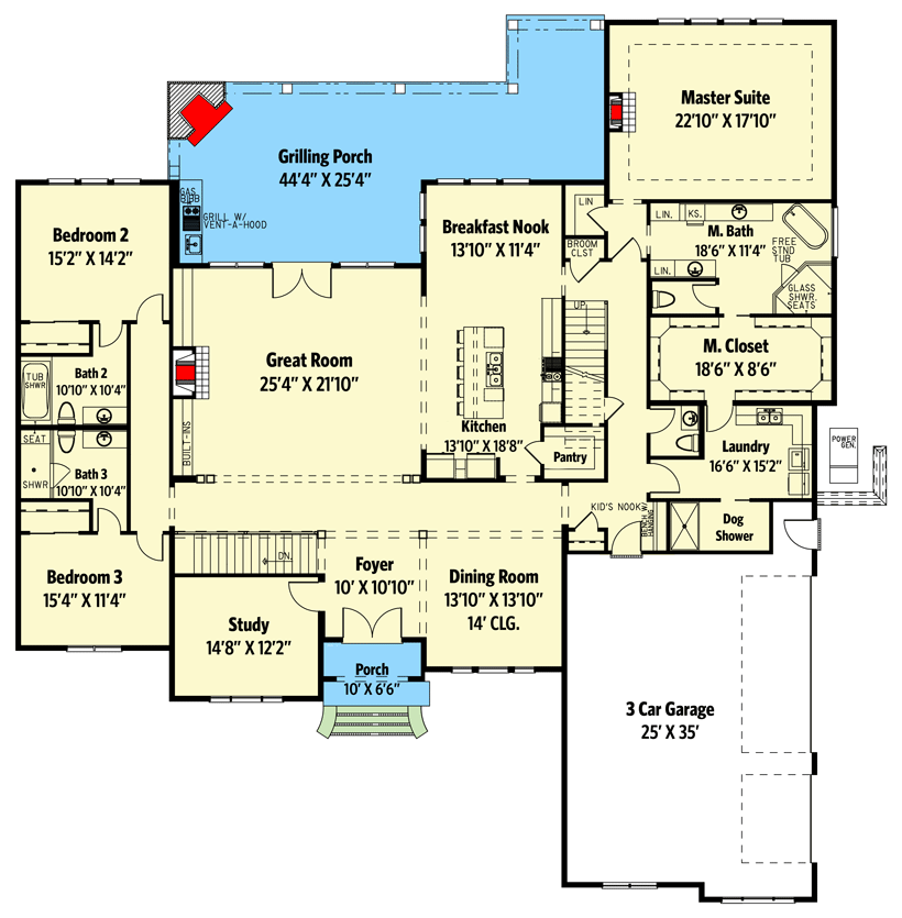 Plan 70723MK: European-style House Plan with Lower Level Home Theater, Game Room and Second Kitchen - Floor Plan - Main Level - Country, Craftsman, European, Southern, Traditional