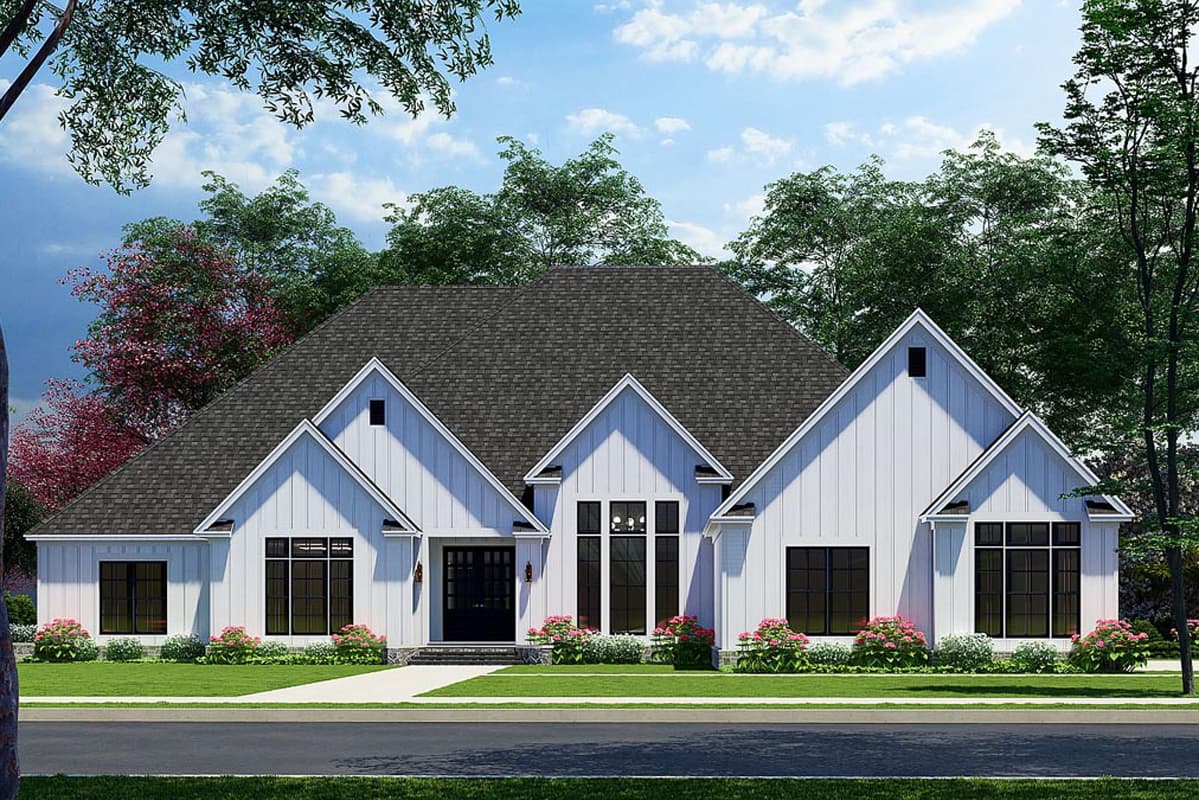 House plan exterior. Two-story Modern Farmhouse with gabled roof, board-and-batten siding, and multiple dormers. Features include a front entry porch.