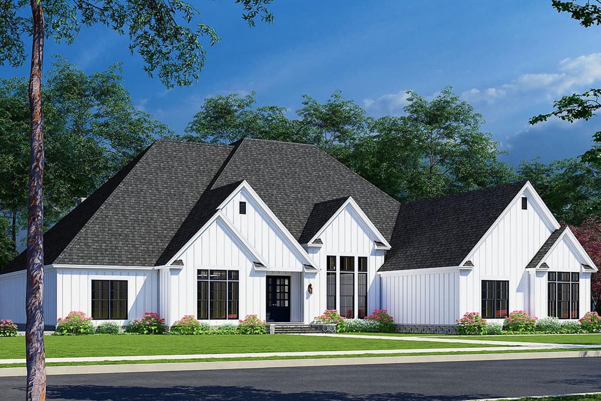 Modern Farmhouse house plan exterior with a prominent gable roofline, board and batten siding, and large windows.