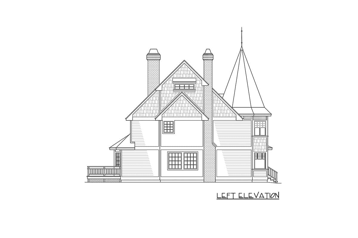 Left elevation drawing of a house plan featuring a turreet, two chimneys, varied rooflines, and a front porch.