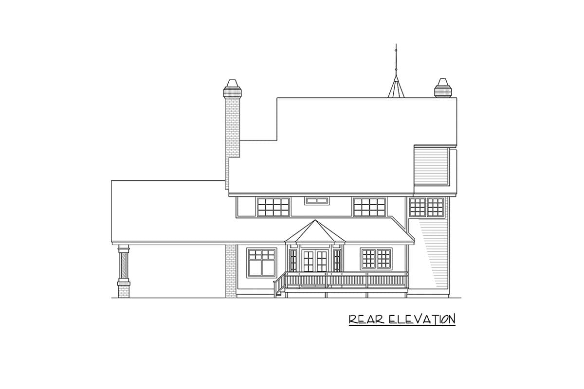 Rear elevation drawing of a two-story house plan with a covered porch, double doors, dormers, and a prominent chimney.