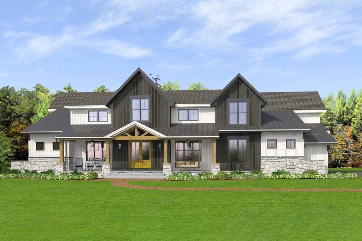 Modern Farmhouse house plan exterior with large gables, metal roof, stone foundation, and covered front porch with wooden beams.