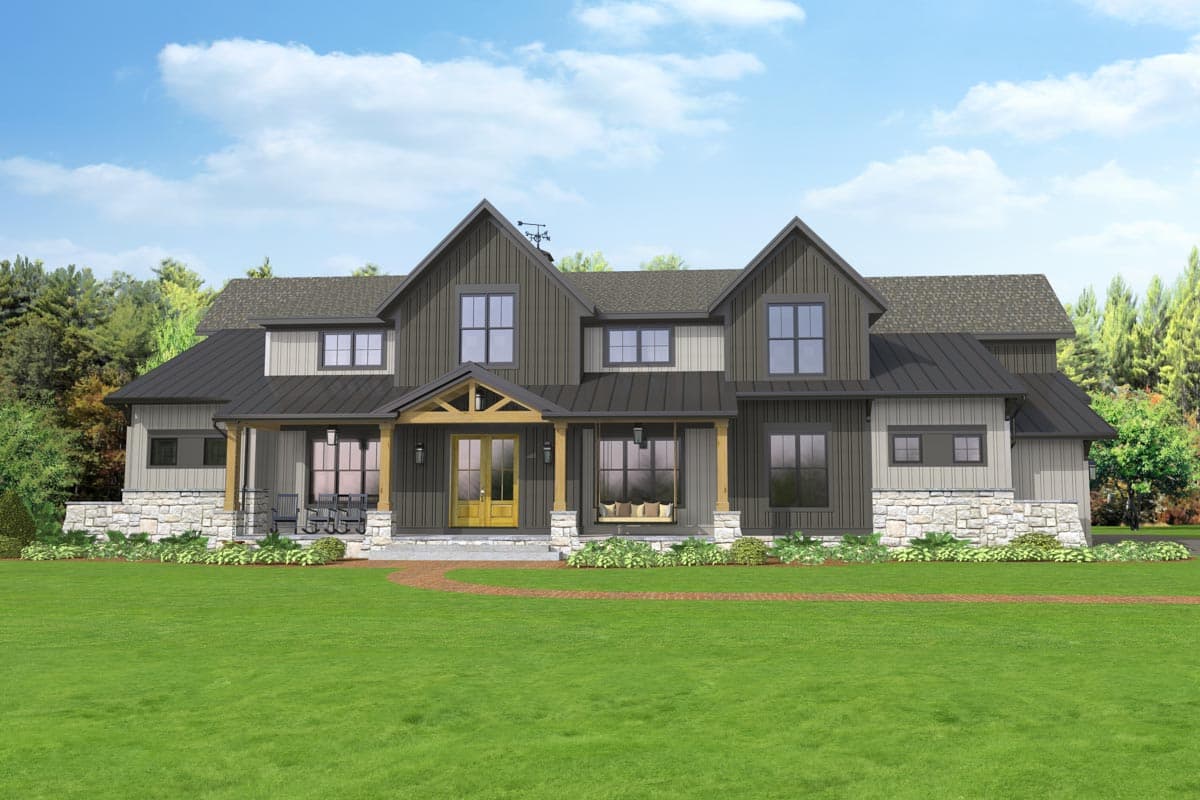 House plan exterior with Modern Farmhouse style. Features include gabled roof, covered porch with exposed beams, and stone-clad foundation.
