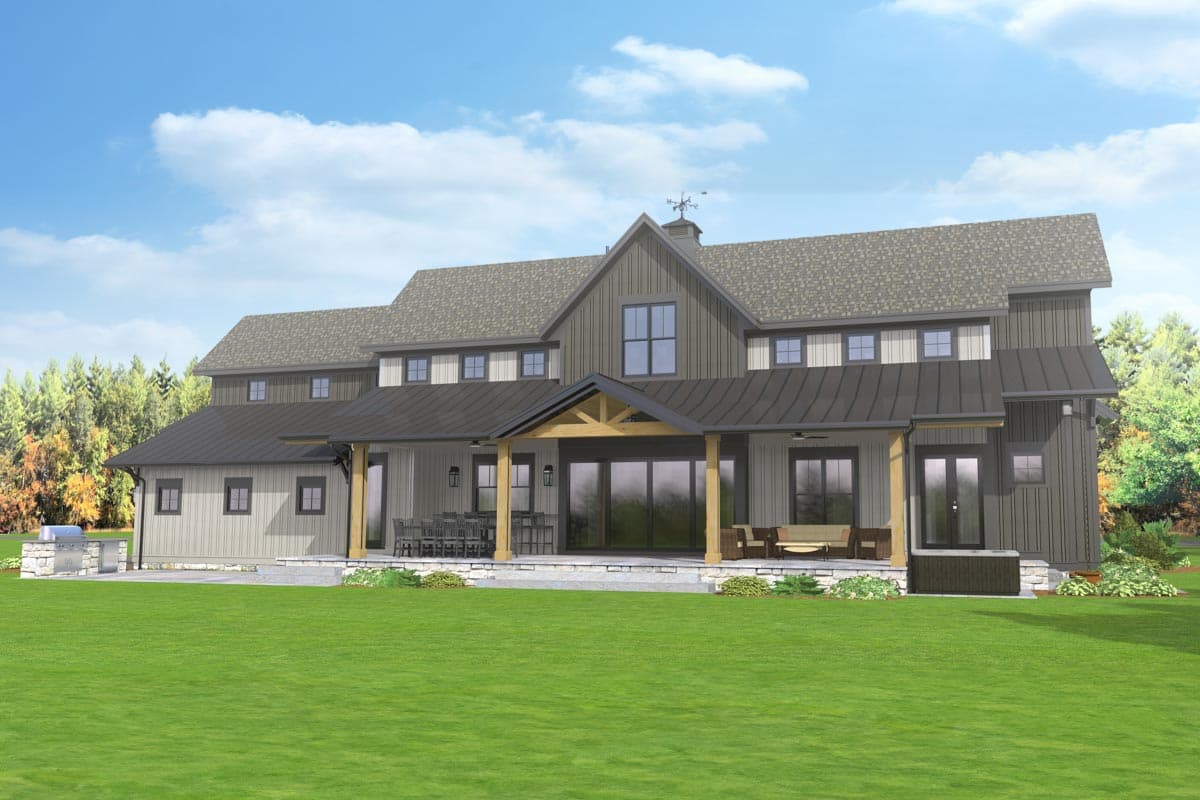 Modern Farmhouse house plan exterior with two stories, metal roof, covered porch, and gabled dormers.