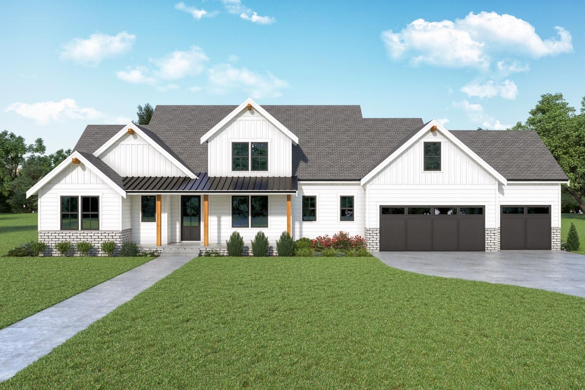 Modern Farmhouse house plan exterior with prominent gables, a covered entry porch with wood posts, and a three-car garage.