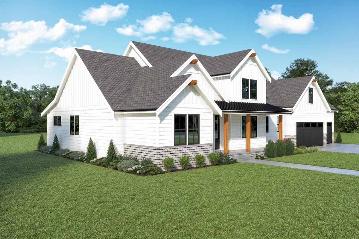 House plan exterior, Modern Farmhouse style, two stories, gabled rooflines, covered front porch with wood columns, and a side-entry garage.