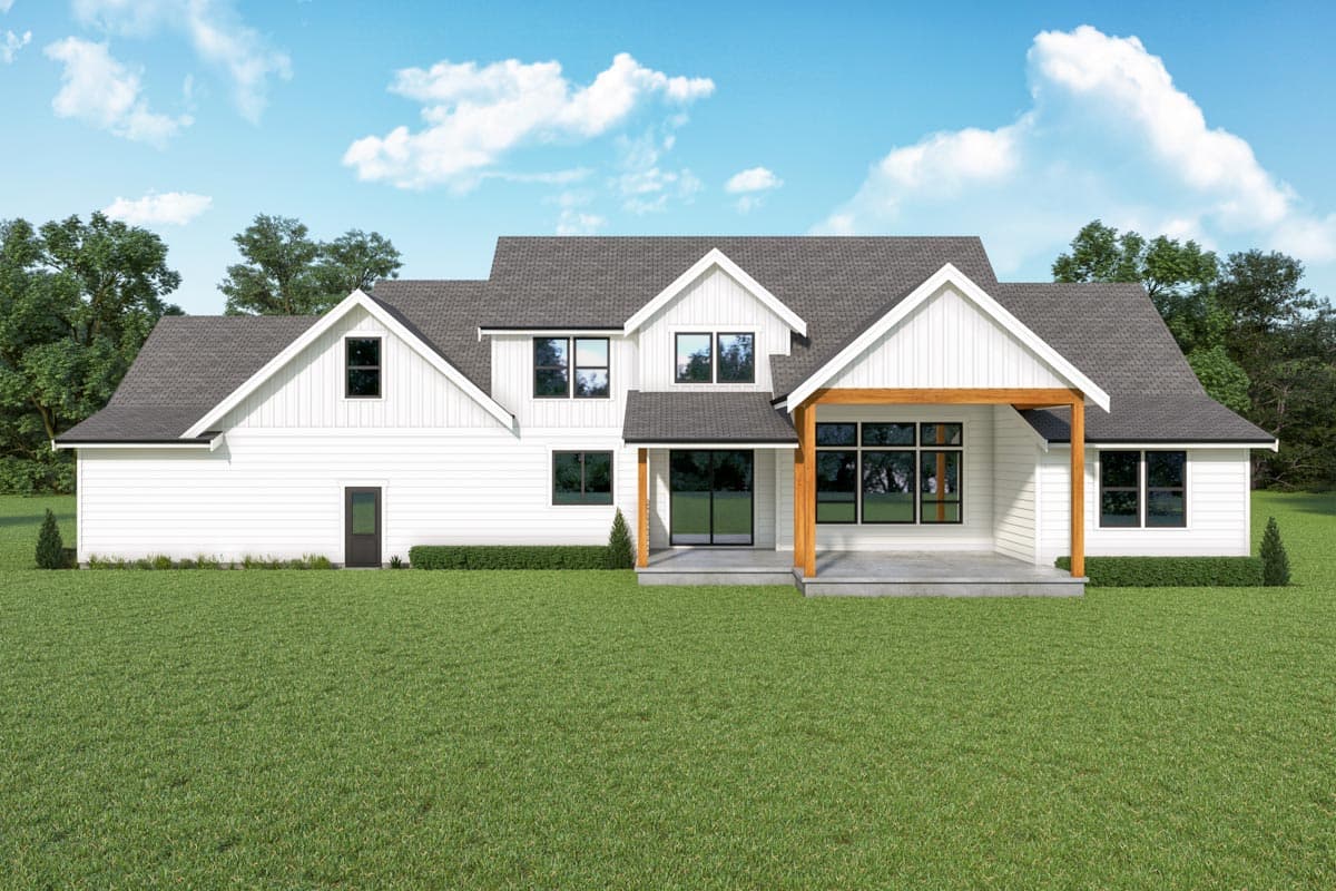 Modern farmhouse house plan exterior with white board-and-batten siding, multiple gables, and a covered patio with wood beams.