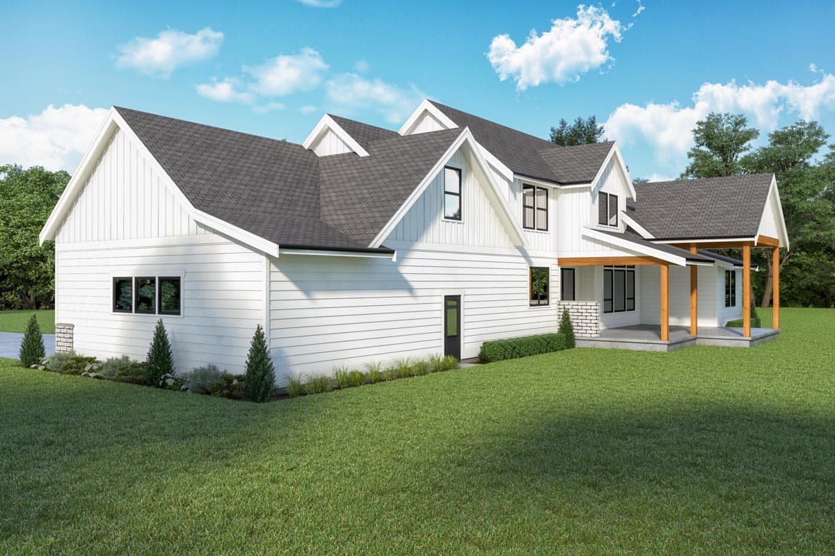House plan exterior: Modern Farmhouse style, two stories, white siding, gables, dormers, and covered porch with wood beams.