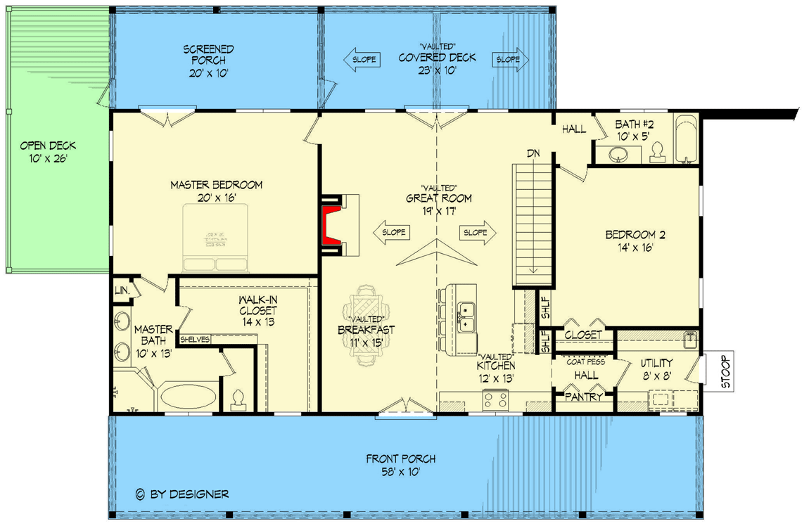 Plan 68902VR: Mountain House Plan with Drive-under Garage in Back and an Open Vaulted Interior -1740 Sq Ft - Floor Plan - Main Level - Country, Mountain, Ranch, Traditional