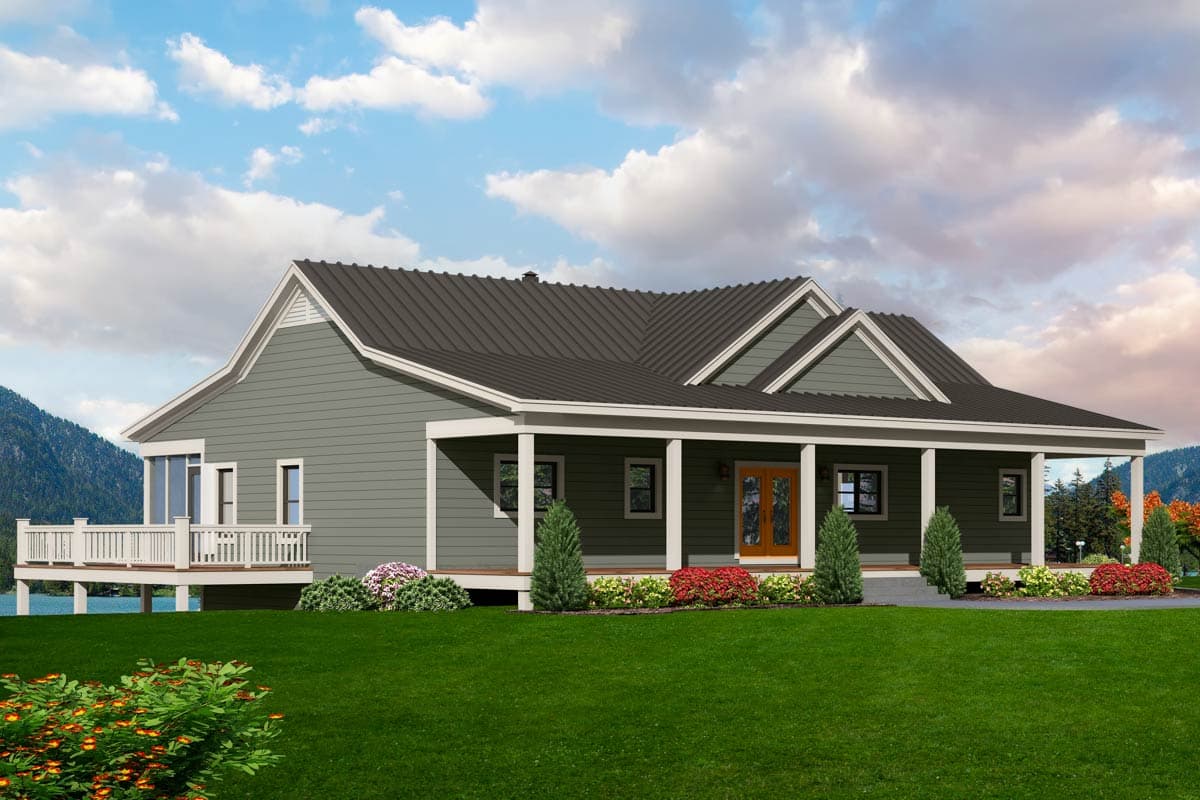 House plan exterior with Craftsman style. Features a covered porch, gabled roof, and deck. The house is one story.