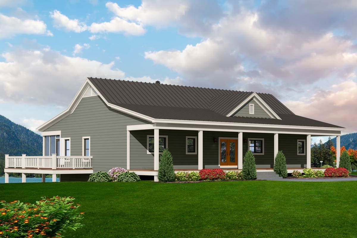 House plan exterior: Ranch style, single story with a prominent covered front porch, metal roof, and a side deck.