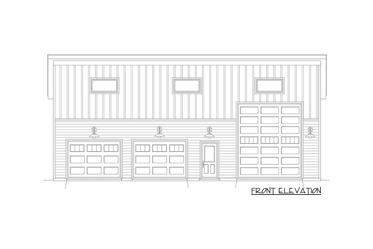 Front elevation drawing of a house plan with three garage doors, one pedestrian door, and three upper windows.