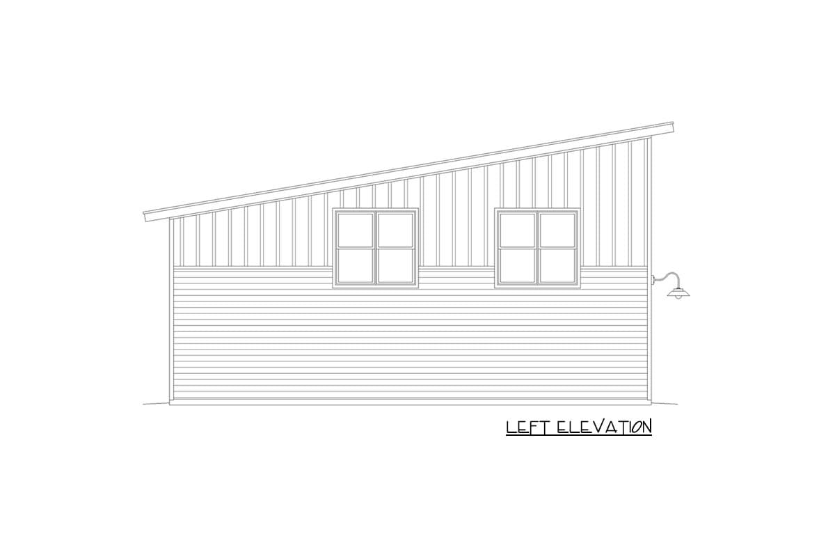 Left elevation of a house plan with horizontal siding, two square windows, and a sloping roof.