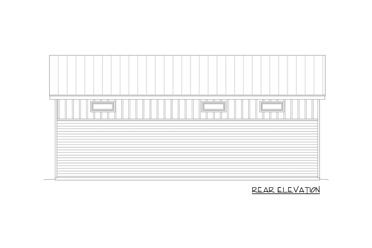 Rear elevation drawing of a house plan showing horizontal siding, vertical trim, three small windows, and a metal roof.