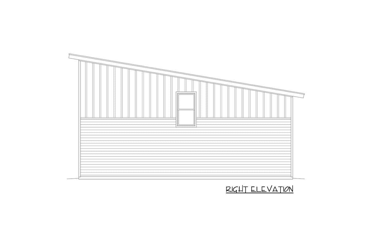 Right elevation drawing of a house plan with a shed roof, horizontal siding below vertical siding, and one window.