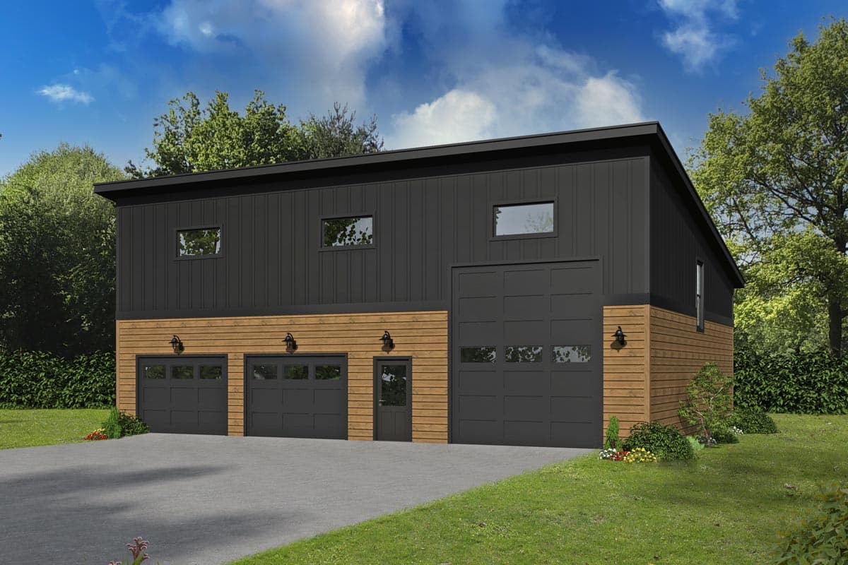 House plan exterior. Modern style, two-story structure with three garage bays. Features include a flat roof and vertical siding.