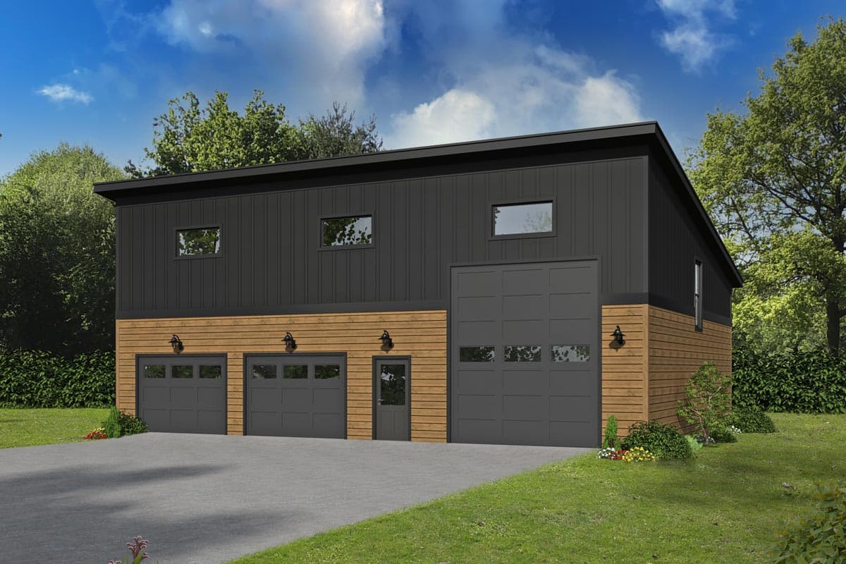 Modern house plan exterior with three garage doors, one pedestrian door, and horizontal wood siding below vertical black siding.