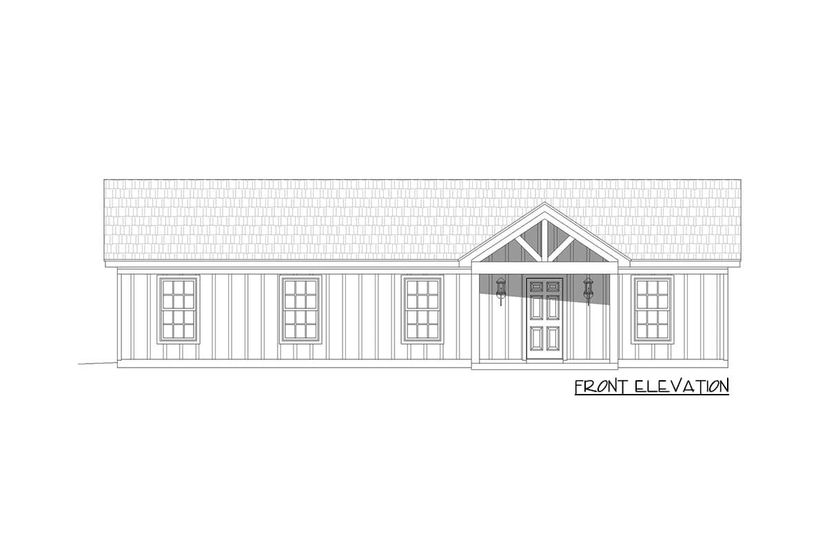 Front elevation house plan drawing with a covered entry, twin windows, and board-and-batten siding.