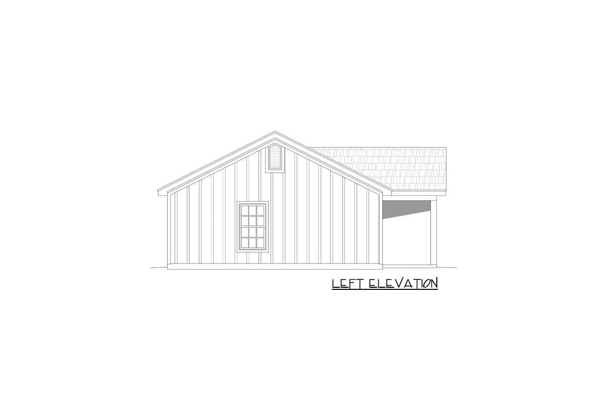 Left elevation drawing of a house plan with vertical siding, a gable roof, a dormer vent, and a covered porch area.