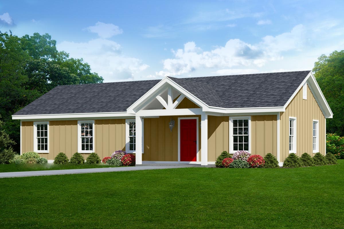 House plan exterior with Craftsman style and a single story. Features include a front porch with decorative gable, vertical siding, and a gabled roof.