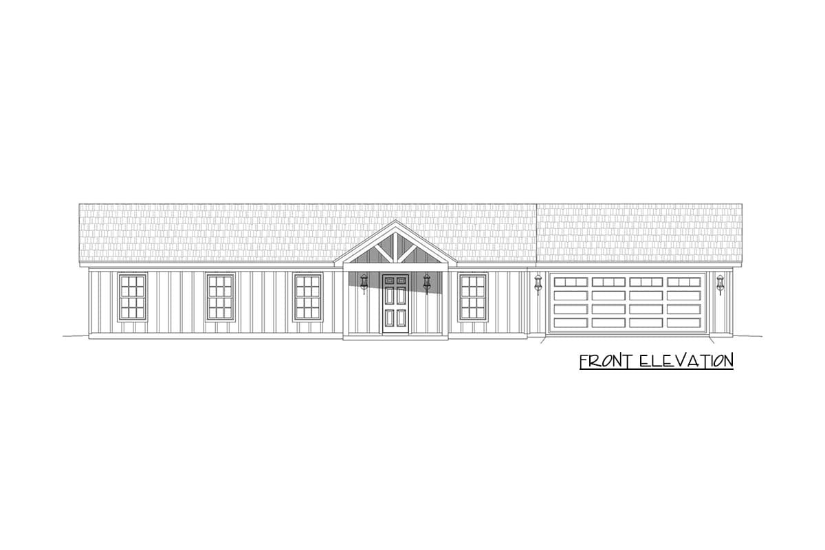 Front elevation drawing of a single-story house with a gabled entryway, multiple windows, and an attached garage.