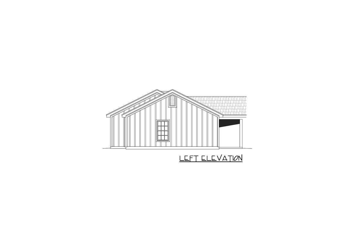 Left elevation drawing of a house plan featuring vertical siding, a single window, and an attached garage.