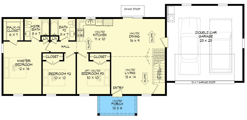 Plan 68905VR: 3-Bed Ranch Plan with 2-Car Garage - 1200 Sq Ft - Floor Plan - Main Level - Cottage, Country, Ranch, Traditional