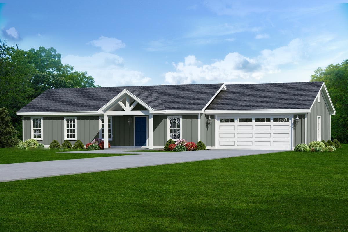 House plan exterior featuring a one-story, Craftsman-style home with gabled rooflines, a front porch, and an attached garage.