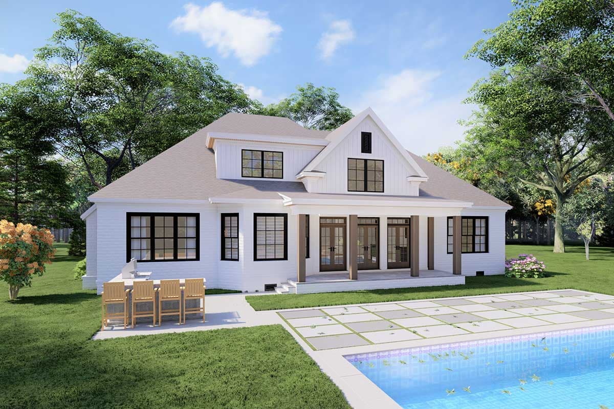 House plan exterior: Two-story Modern Farmhouse with a prominent gable, covered porch, and large windows.