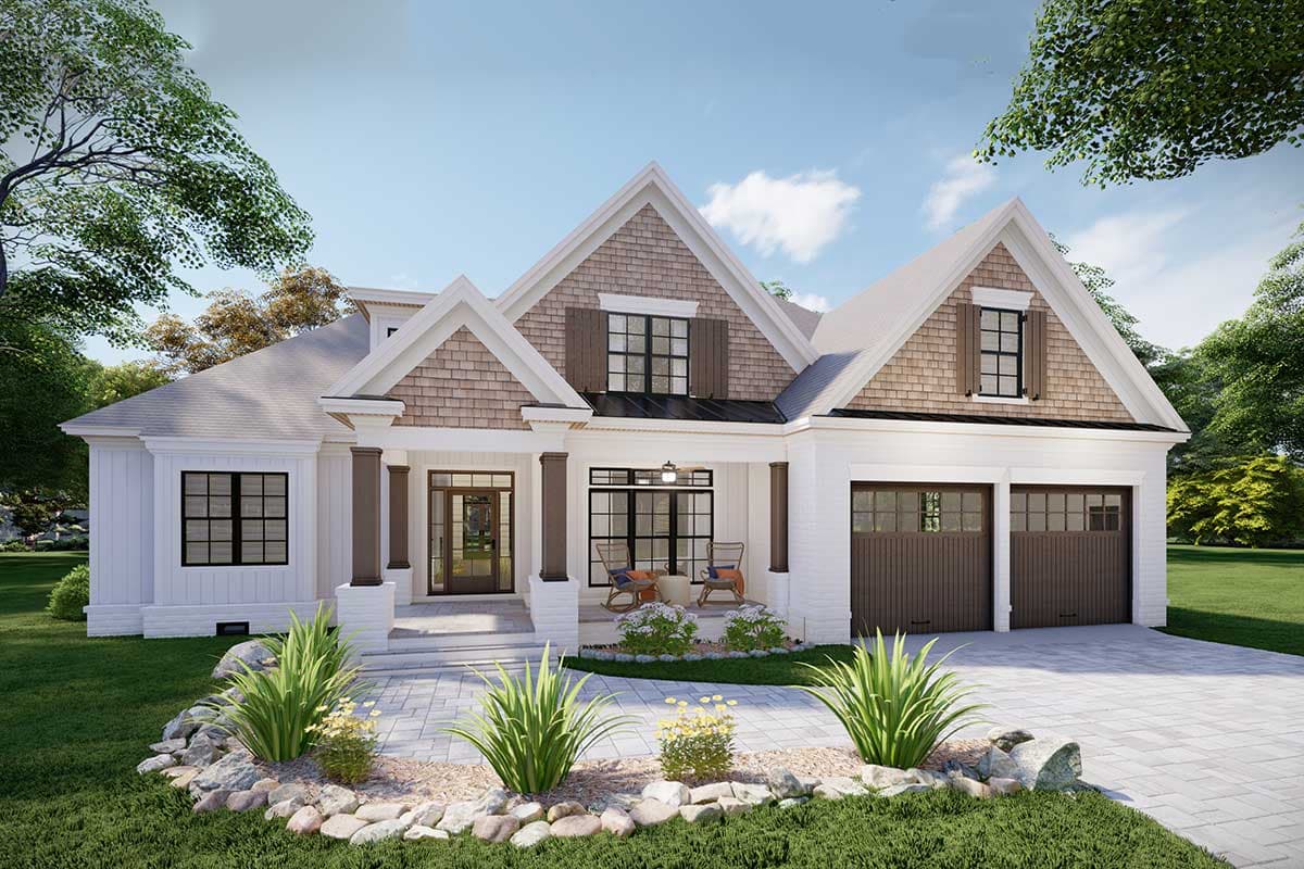 House plan exterior featuring a two-story Modern Farmhouse design. Includes a covered porch, gabled rooflines, and a two-car garage.