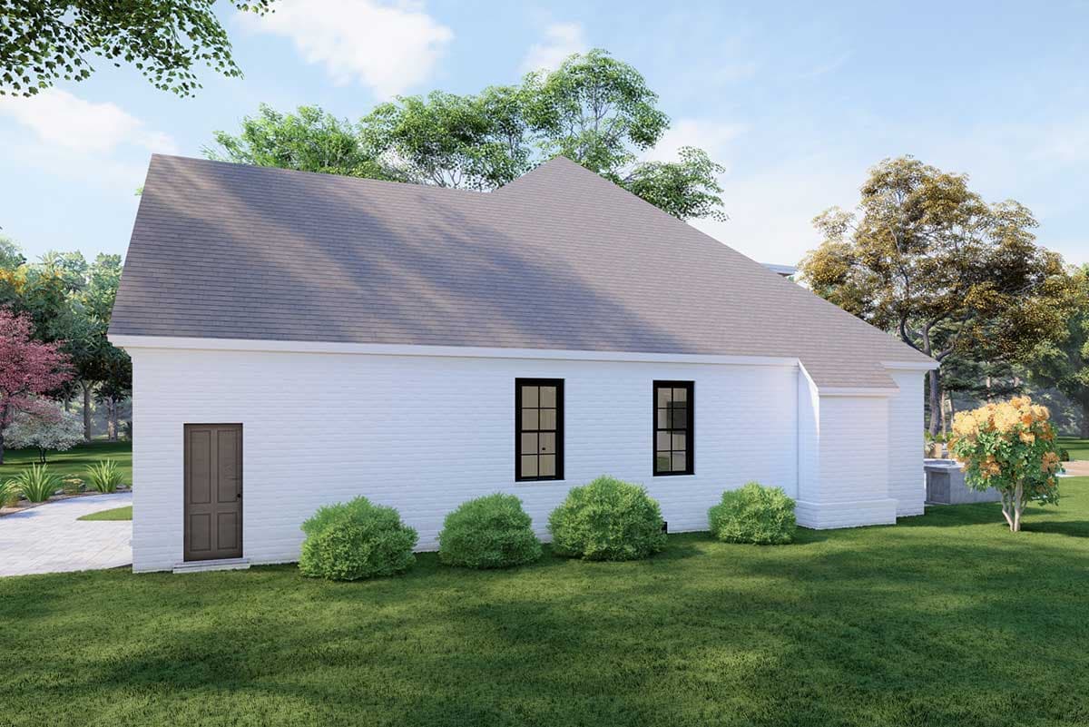 House plan exterior: White brick one-story residence with a gable roof, side-entry garage, and two windows.