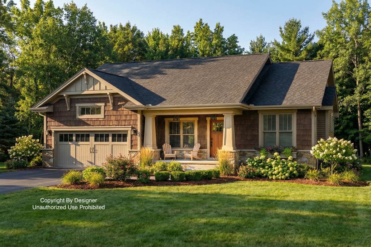 A charming Craftsman-style home with brown siding, a welcoming porch, and a well-manicured lawn. Lush greenery and trees surround the house.