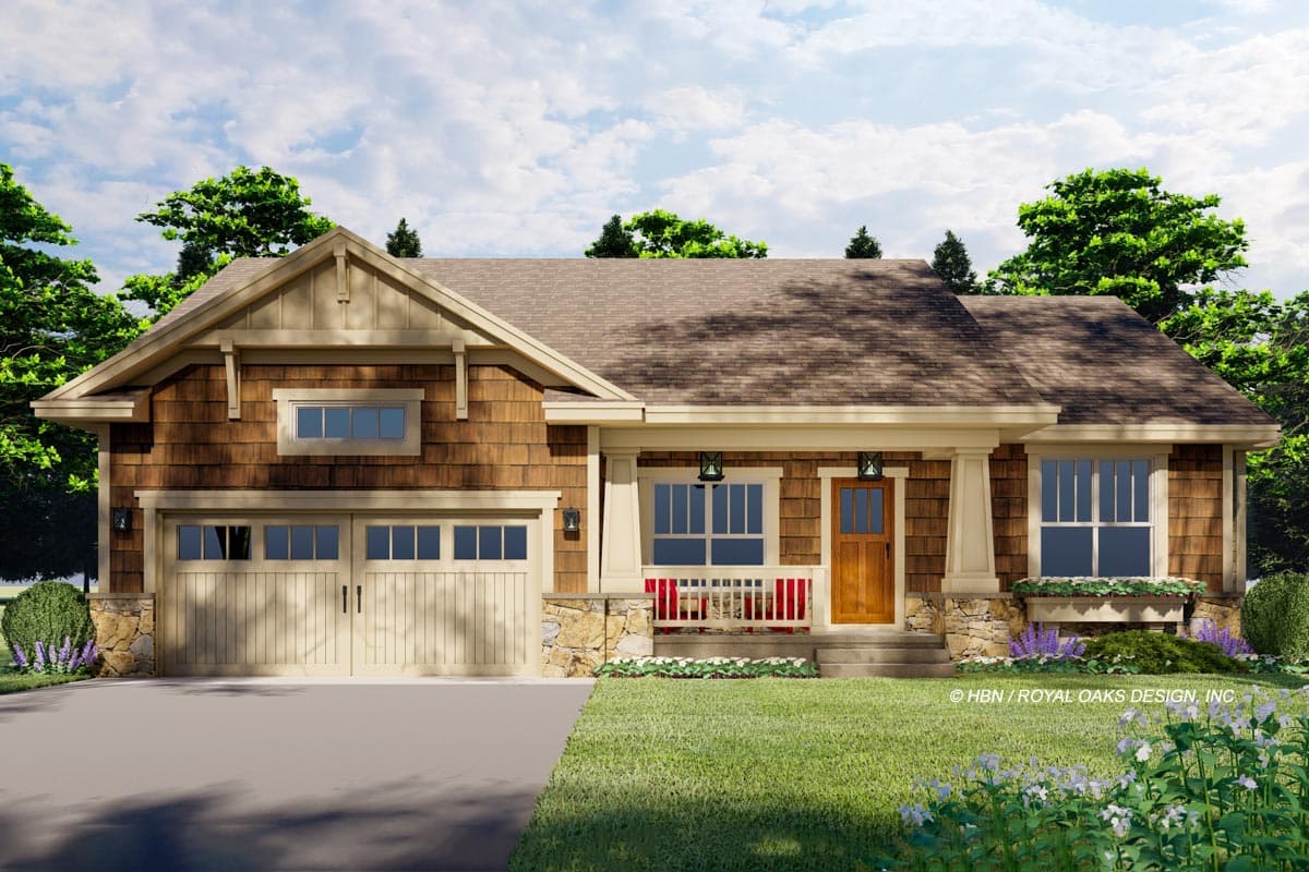Craftsman house plan exterior with two-car garage, gabled dormer, stone accents, and covered front porch.