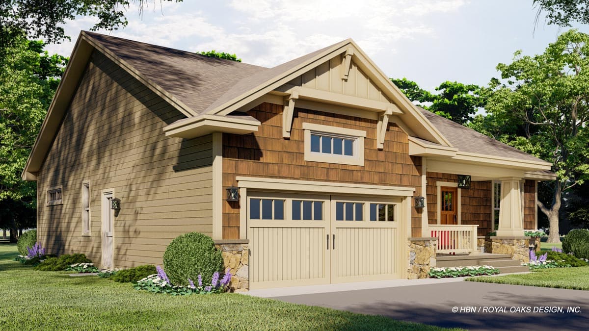 Craftsman style house plan exterior with a two-car garage, stone accents, and a covered front porch with square columns.