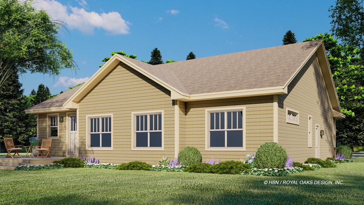 House plan exterior: Ranch style, one story, with a gable roof, prominent gables, and a front porch with seating.