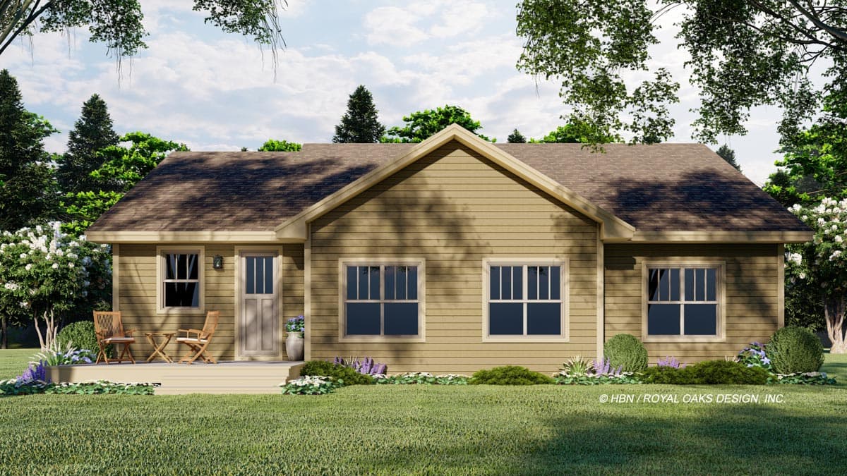 House plan exterior: single-story home with a front porch, gable roof, and horizontal siding.
