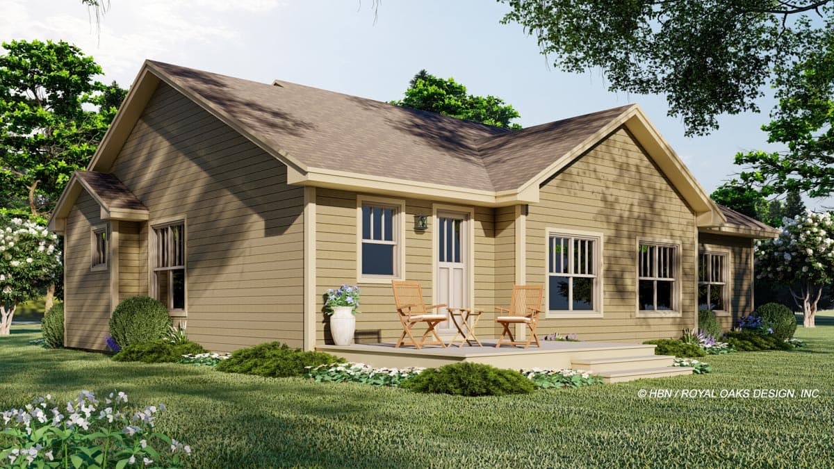 House plan exterior: Single-story home with a gabled roof, centered front door, and a small porch with two chairs.