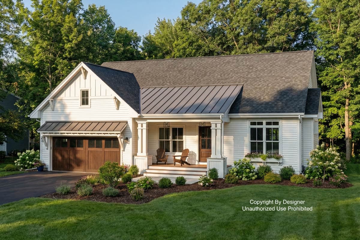 A white farmhouse with a dark roof and wooden accents. It has a front porch with chairs and a well-manicured lawn surrounded by trees.