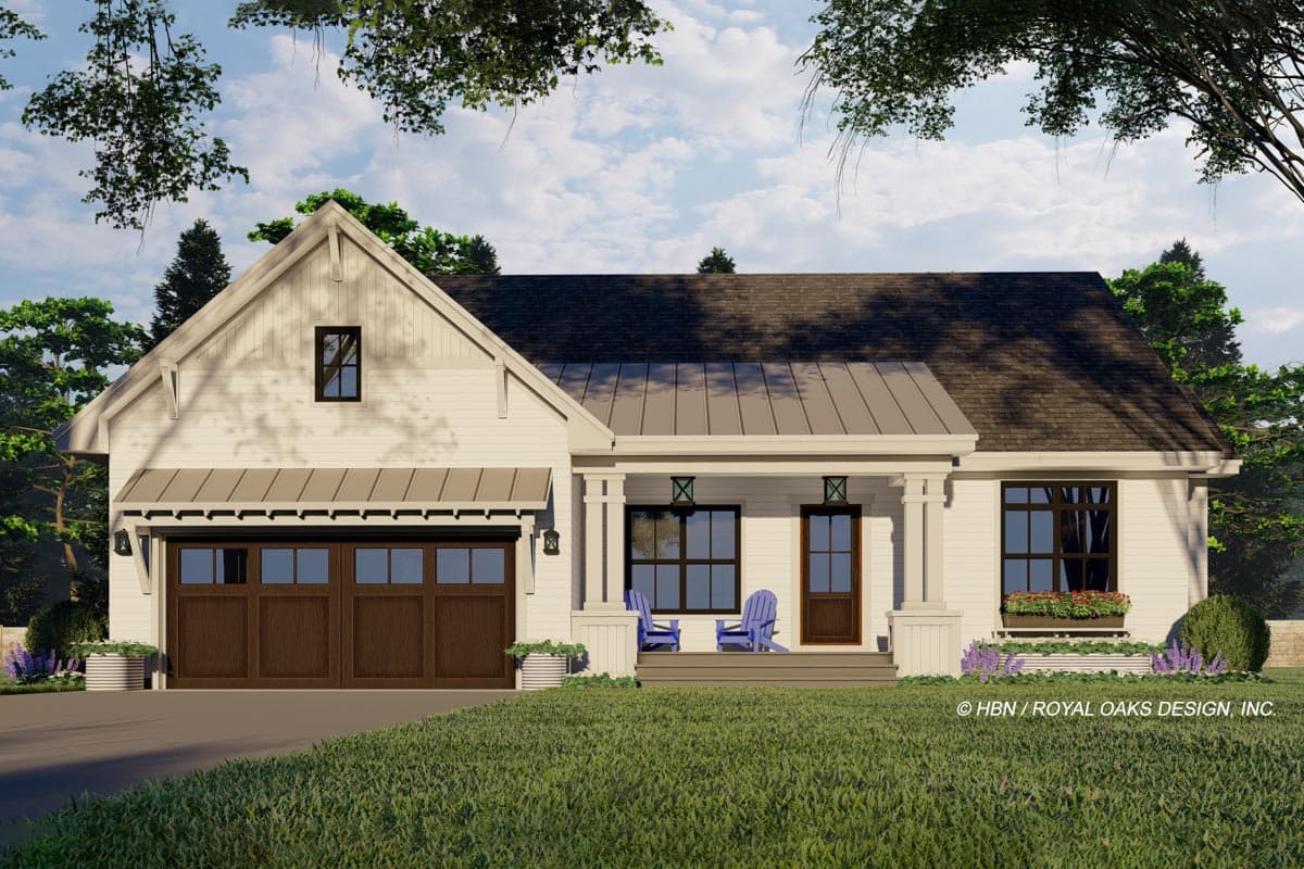 Modern Farmhouse style house plan exterior. One story with gable, metal roof, covered front porch, and side-entry garage.