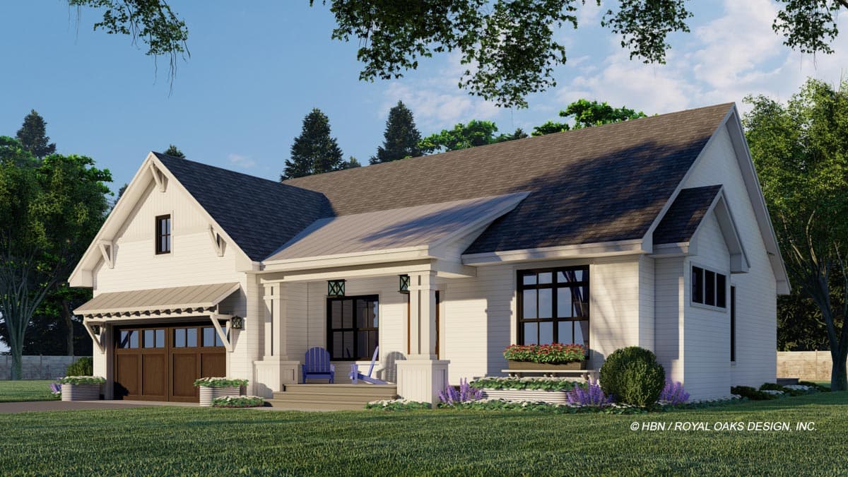 Modern Farmhouse house plan exterior with a covered front porch, gabled dormer, and a two-car garage.