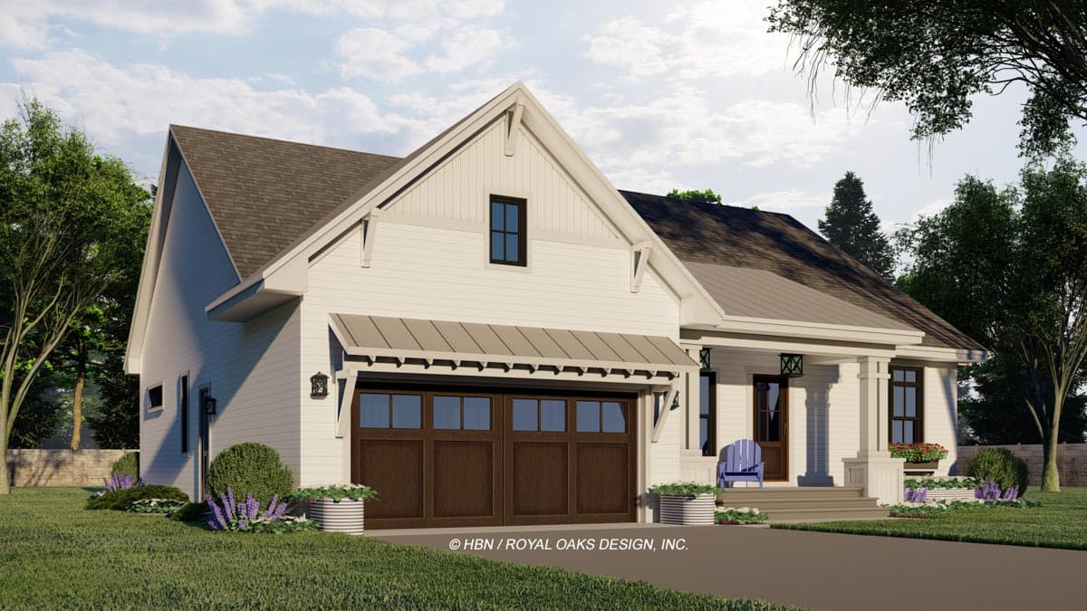 House plan exterior: Modern Farmhouse style, one story, with a front-facing garage, gabled rooflines, and a covered porch.