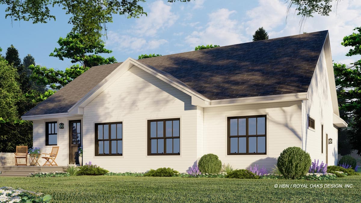 House plan exterior rendering of a one-story Modern Farmhouse with a prominent gable and entry porch.