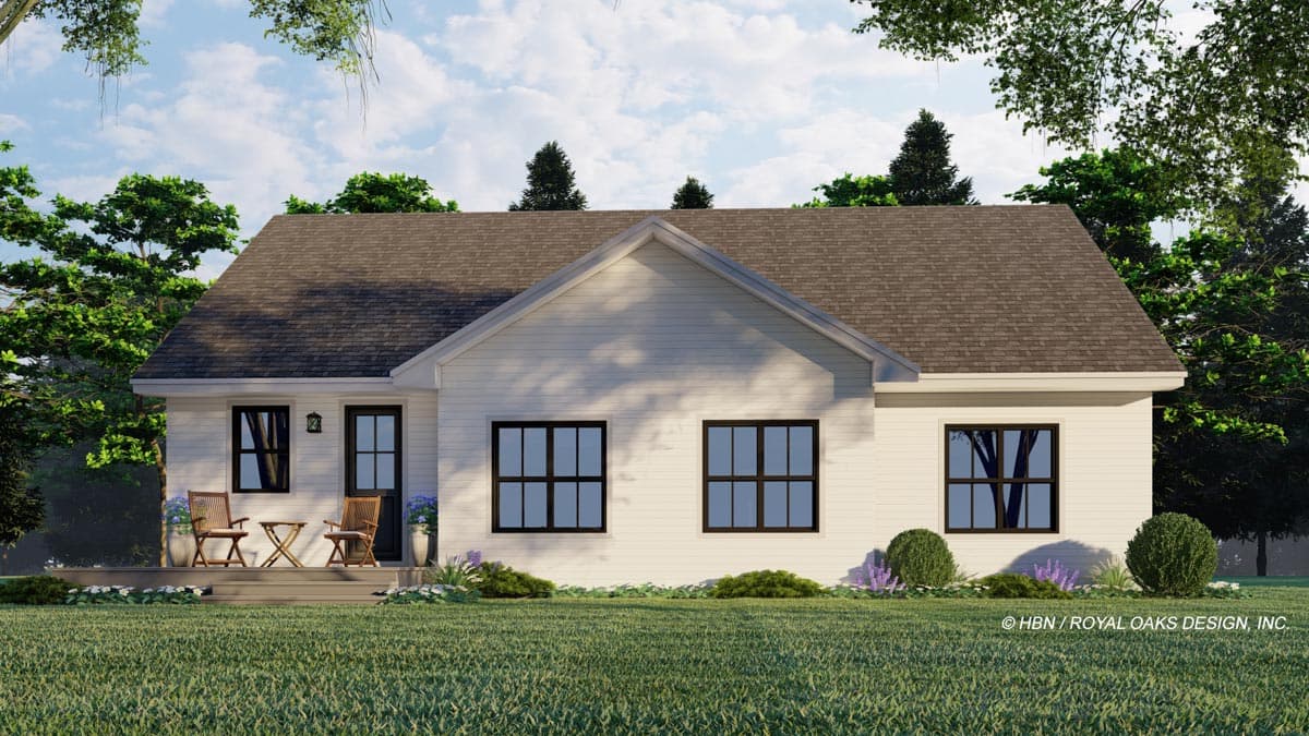 House plan exterior: Single-story ranch with a gable roof, front porch, and multiple grid windows.