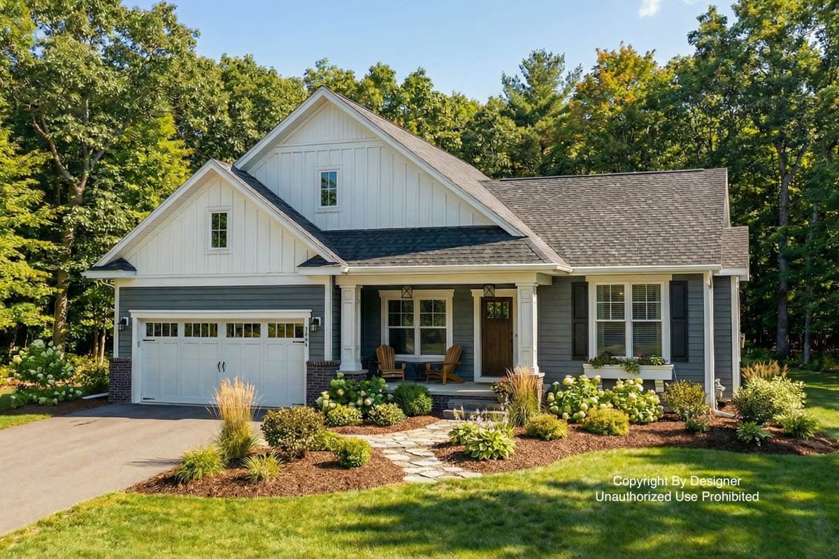 A two-story home with a white gable roof, gray siding, and a welcoming front porch, enhanced by manicured landscaping and a winding stone path.