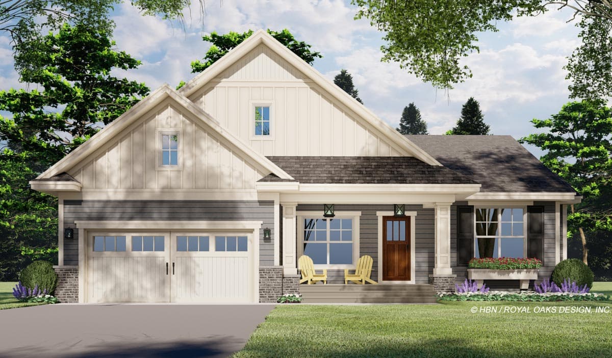House plan exterior: Modern Farmhouse style, one story, with a front-facing garage, gable roof, and covered front porch.
