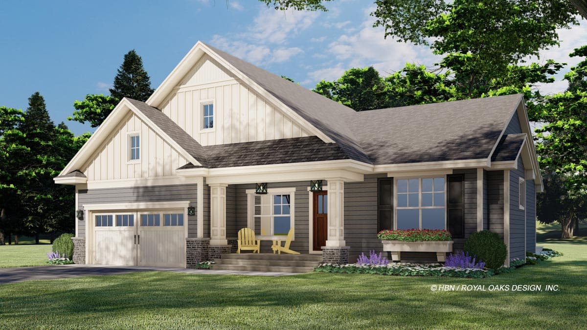 Modern Farmhouse house plan exterior, one story, with front-facing gables, covered porch with columns, and a two-car garage.