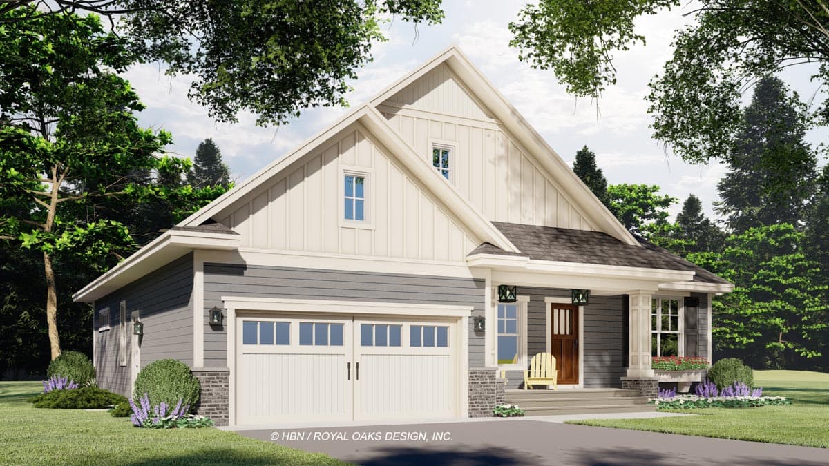 House plan exterior: Modern Farmhouse style, two stories, two-car front-facing garage, gabled dormer, and covered front porch with columns.