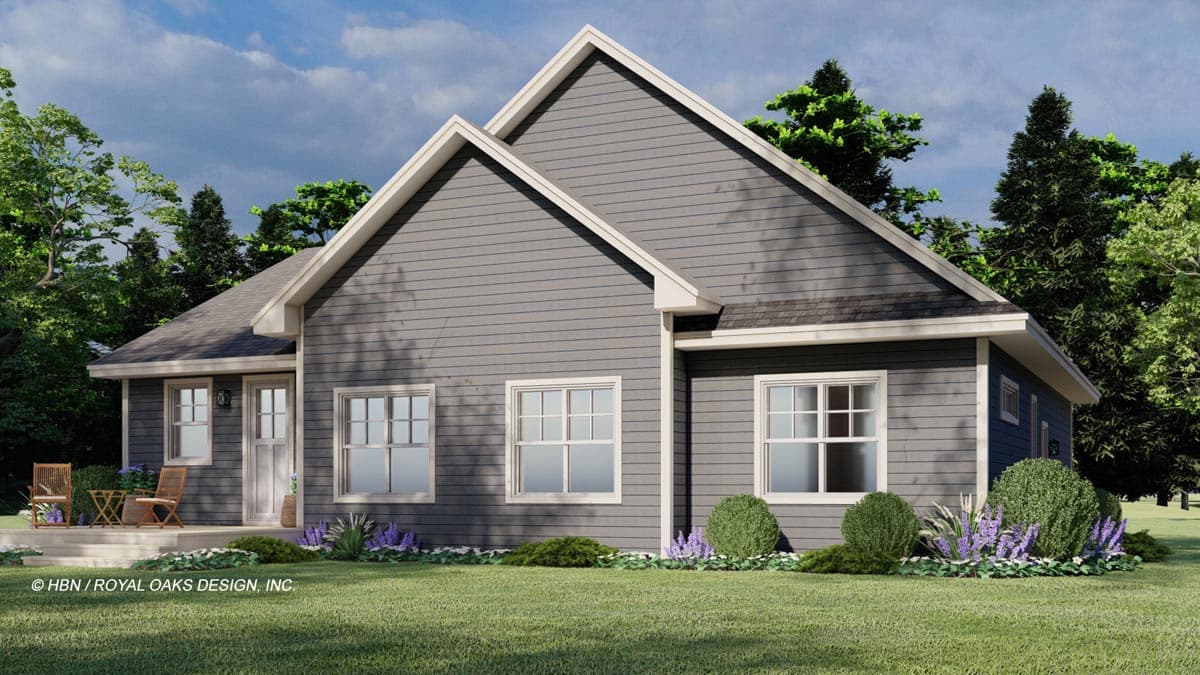 House plan exterior, one story, with a prominent gable, vinyl siding, and a covered front porch with seating.